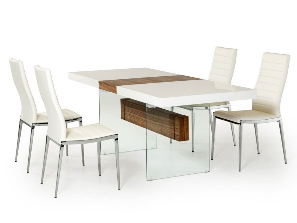 مدل سفید رنگ میز ناهارخوری بزرگ شونده به همراه چهار صندلی سفید